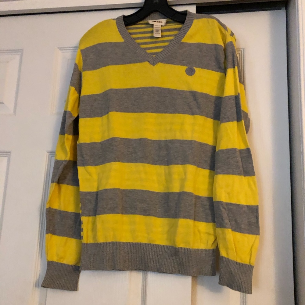 Diesel yellow and gray striped v neck sweater